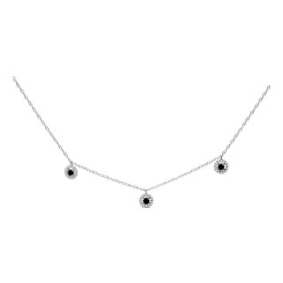 .925 Sterling Silver 5/8 Cttw Black Diamond 3 Station with Halo Necklace For Sale
