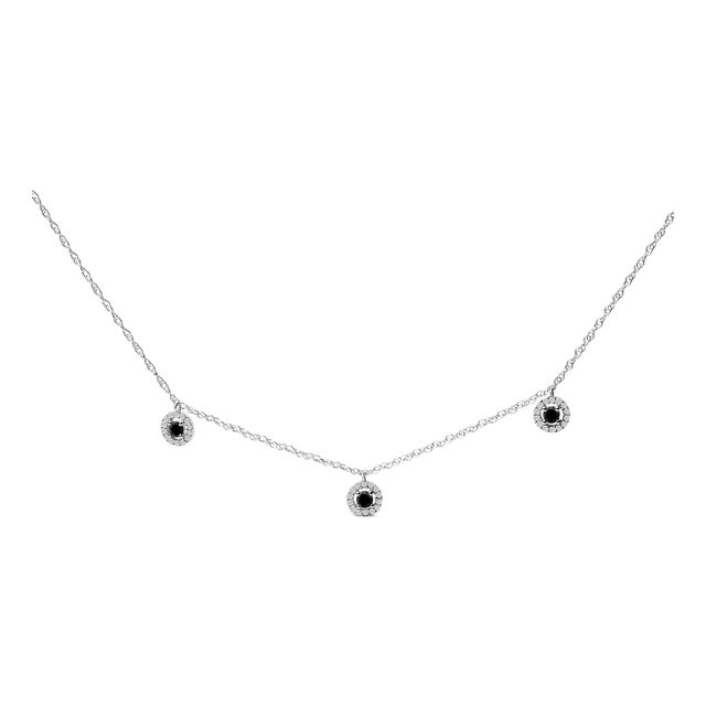 .925 Sterling Silver 5/8 Cttw Black Diamond 3 Station with Halo Necklace For Sale