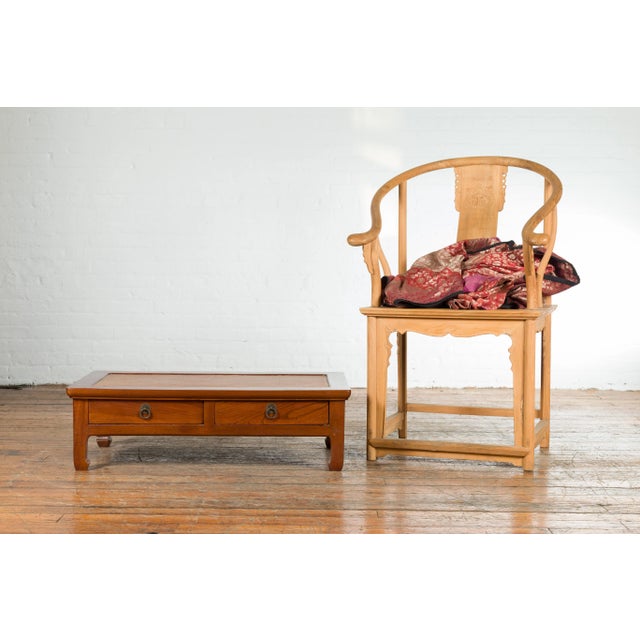 Chinese Vintage Low Elmwood Table with Rattan Inset Top and Two Drawers For Sale - Image 10 of 13