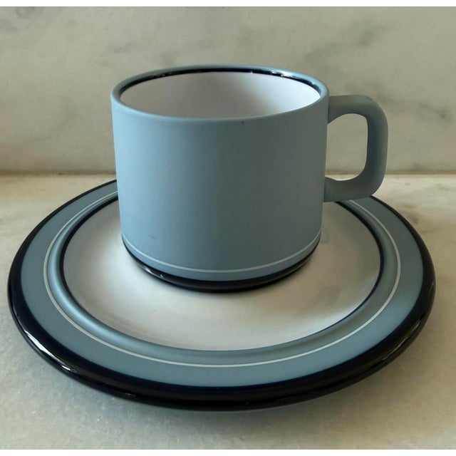 Set of 4 vintage matte blue coffee or tea cups and matching saucers made by Arita Genesis Blue made in Japan circa 1980s....