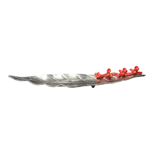 Late 20th Century Metal Leaf Shaped Enamel Red Flowers Decorative Centerpiece Tray