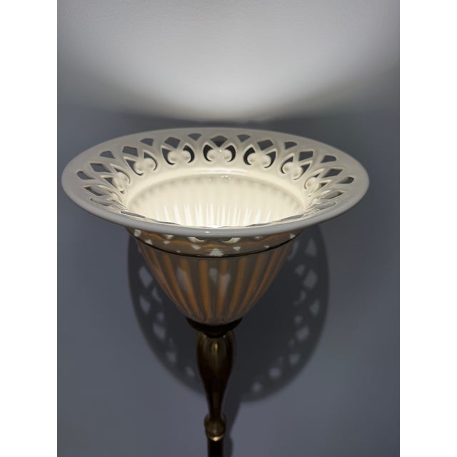French Provincial Late 20th Century Lenox X Quoizel Neoclassical Brass & Ivory Porcelain Torchiere Floor Lamp For Sale - Image 3 of 10