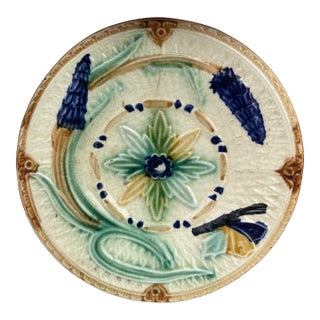 19th Century Majolica Flowers & Butterfly Plate Wasmuel For Sale