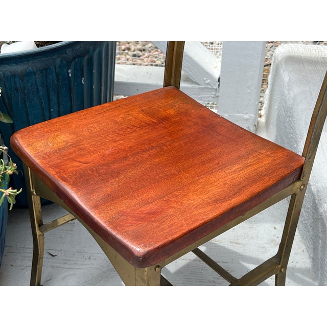 Early 20th Century Restored 1900s Antique Child's School Chair Gold Painted Metal With Red Mahogany Colored Stained Wood Seat & Back Wooden Kindergarten Chair For Sale - Image 5 of 18