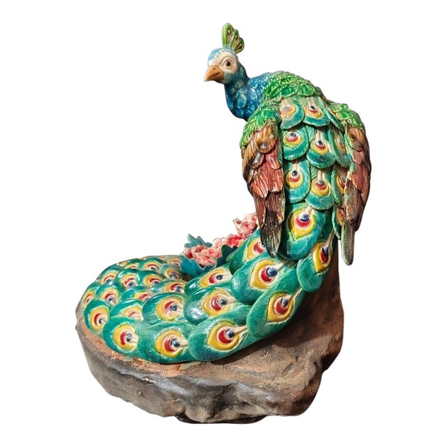 1. **Hand-Painted Ceramic Peacock Statue, Blue-Green-Yellow-Red Plumage, Floral Base** For Sale