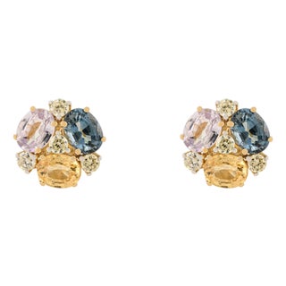 1.28 Ct Vibrant Multi Sapphire & Diamond Cluster Earrings in 14k Gold- 2 Pieces For Sale