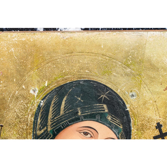 Gold 1960s Stunning Large Icon of Our Lady of Perpetual Help Catholic Christianity Painting of Virgin Mary and Baby Jesus For Sale - Image 8 of 15