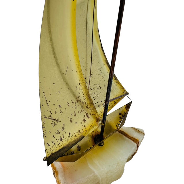 Brown 1970s Mid-Century Modern Brutalist Brass Sailboat Sculpture on Onyx Base by Yosi - 13" For Sale - Image 8 of 13