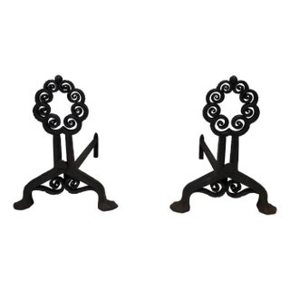 1900s Pair of wrought iron and hammer firedogs. Art Nouveau. Signed Wanner Genneva For Sale