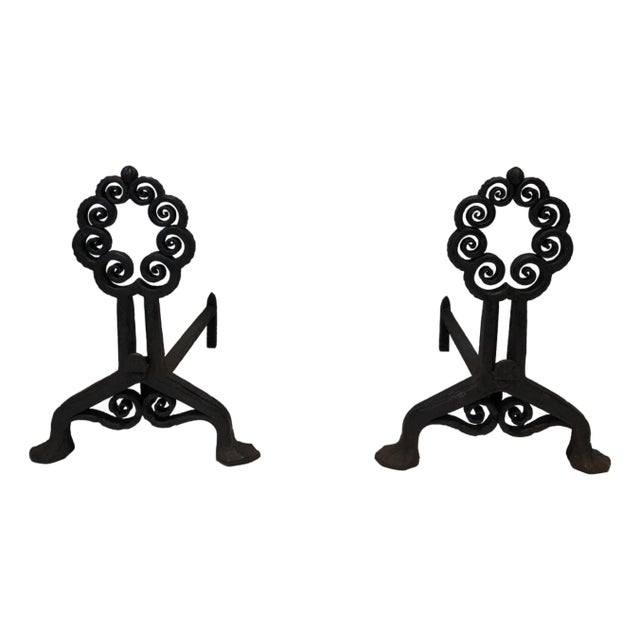 1900s Pair of wrought iron and hammer firedogs. Art Nouveau. Signed Wanner Genneva For Sale