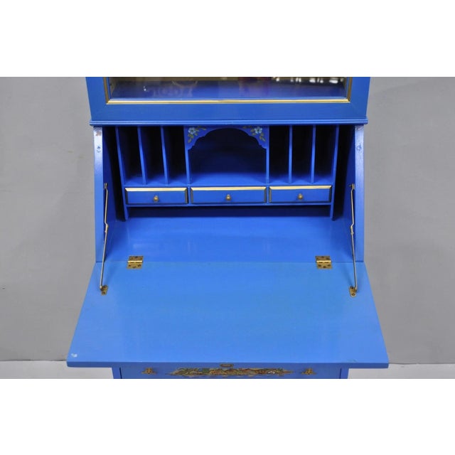 Vintage Chinoiserie Blue Hand Painted Gold Gilt Narrow Bookcase Secretary Desk For Sale - Image 12 of 18