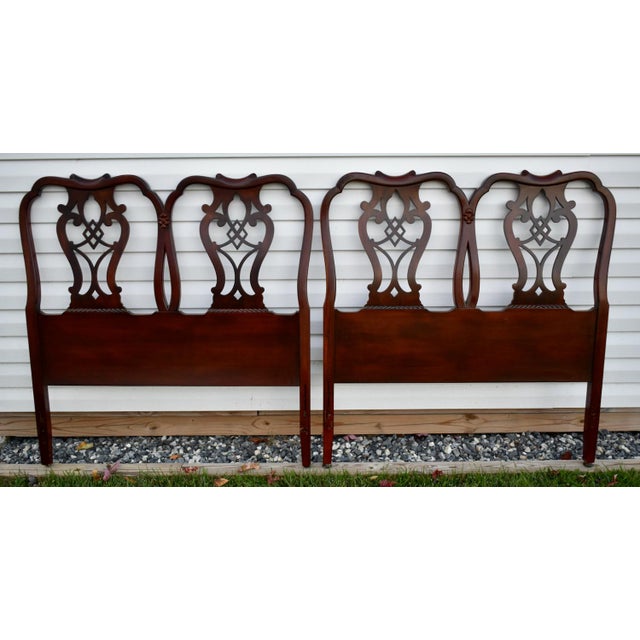Chippendale Style Mahogany Twin Headboards Pair Carved Wood 1960s Set Vintage For Sale - Image 12 of 12