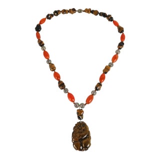 Mid 20th Century Sterling, Carnelian & Tiger Eye Beads Carved Pendant Necklace For Sale
