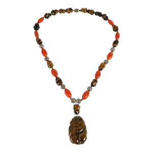 Mid 20th Century Sterling, Carnelian & Tiger Eye Beads Carved Pendant Necklace