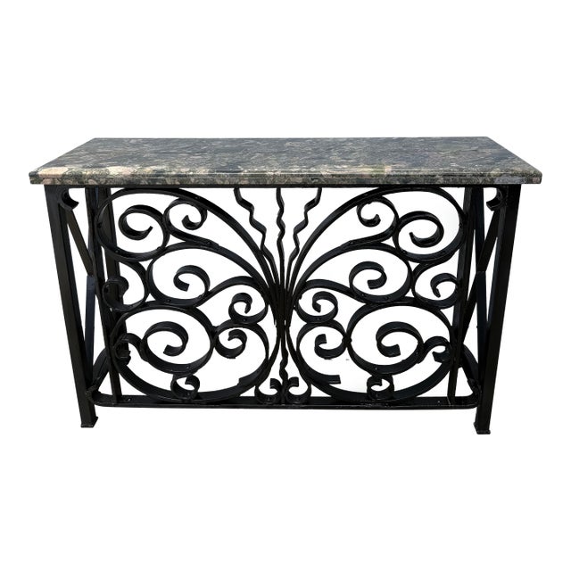 Vintage Mediterranean Wrought Iron Console Table With Stone Top For Sale
