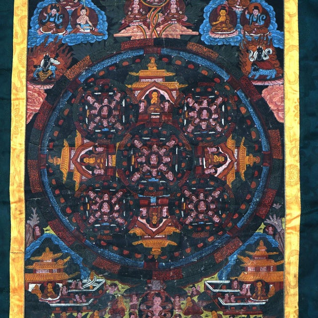 Antique Tibetan Hand Painted Silk and Canvas Thangka with Figures, Circa 1920 For Sale - Image 6 of 12