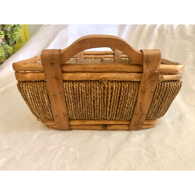 Arts & Crafts Vintage Hand Woven Baskets Rope Bamboo Side Wood Handle For Sale - Image 3 of 12
