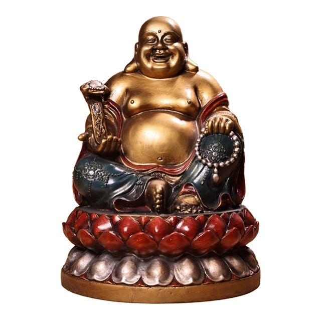 Late 19th Century Polychrome Bronze Maitreya Buddha Statue, 3.8kg For Sale