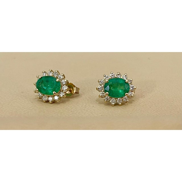 4 Ct Oval Shape Emerald & 1.5 Ct Diamond Post Back Earrings 14 Karat Yellow Gold For Sale - Image 4 of 18