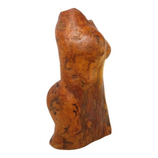 Carved Burlwood 18" Female Torso Sculpture Handmade Folk Art Wood Bust Statue For Sale
