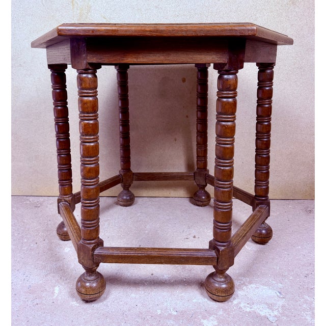 Spanish Hexagonal Wood Side Table with Turned Legs, 1930 For Sale - Image 4 of 10