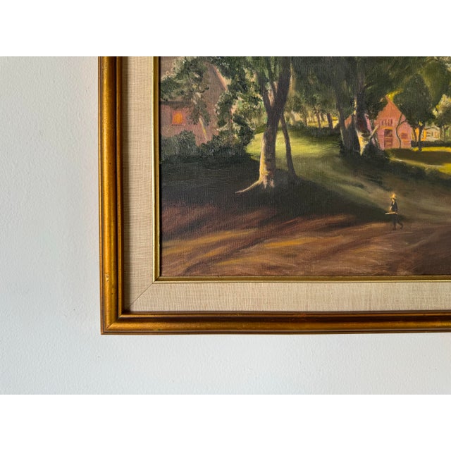 Thi is a fantastic Vintage Impressionist American Village scene landscape oil on canvas painting. Signed in the lower...