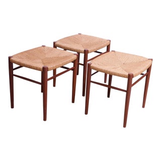 Set of Three Danish Modern Low Stools in Teak and Rush For Sale