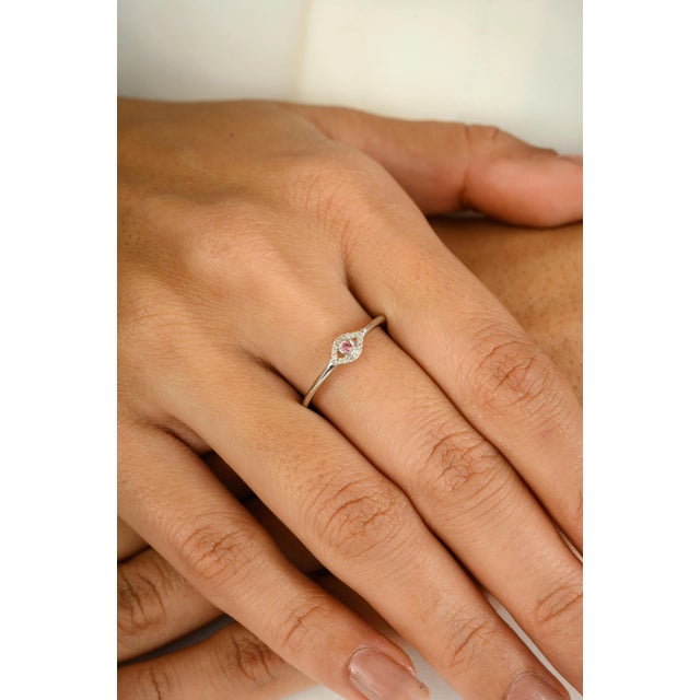 Minimal Pink Tourmaline Evil Eye Ring With Diamonds in 18k White Gold Size 5.5 For Sale - Image 4 of 10