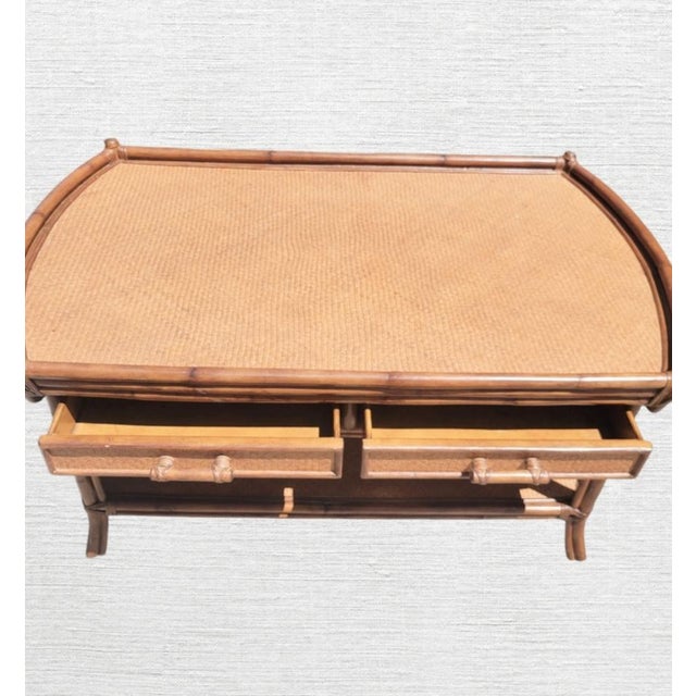 Wood Vintage Wicker Bamboo 4 Drawer Casual Lexington Style Coffee Table For Sale - Image 7 of 8