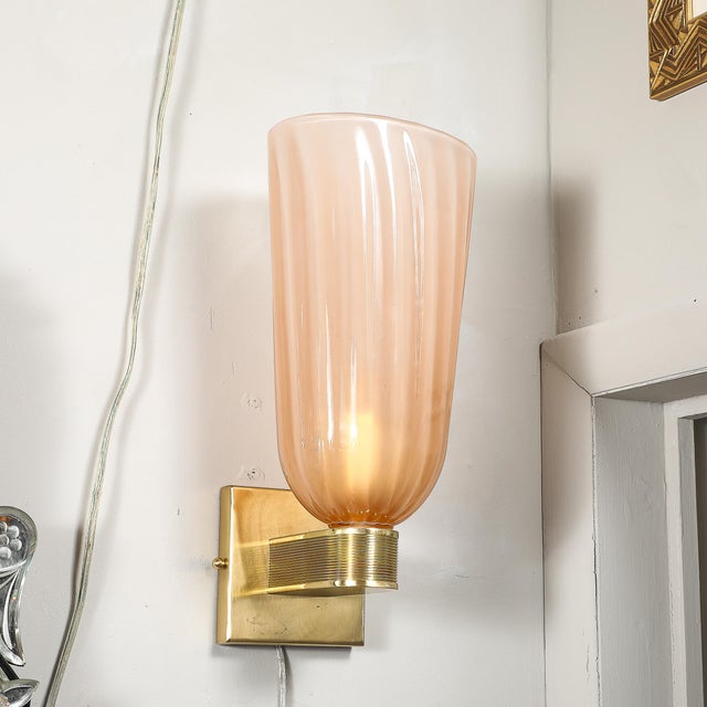 Modernist Hand-Blown Smoked Rose Murano Fluted Glass Sconces With Brass Fittings For Sale - Image 16 of 17