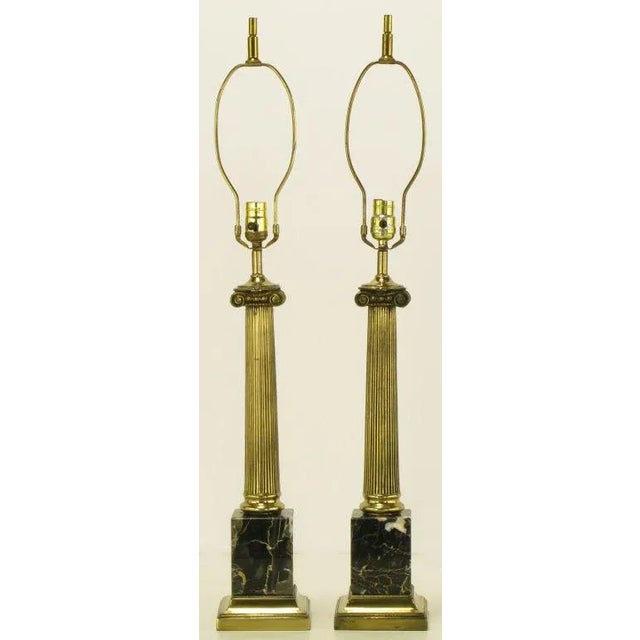 Brass & Black Portoro Marble Ionic Column Table Lamps - a Pair For Sale - Image 4 of 8