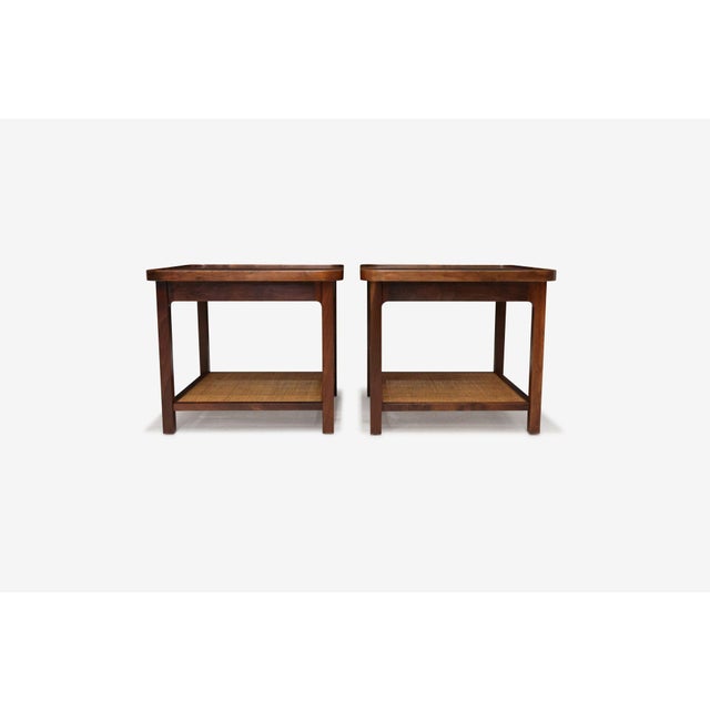 Mid 20th Century Mid 20th Century Attribtued to Jack Cartwright for Founders Book-Matched Walnut & Cane Side Tables For Sale - Image 5 of 13