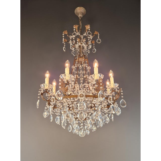 Art Deco Antique Louis XV Revival Tradition Crystal Chandelier Brass and Metal 8 Lights For Sale - Image 3 of 16