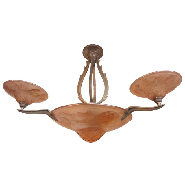 French Art Deco Pink/Peach Chandelier With Rose Motif Signed Verdun For Sale