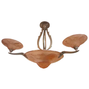 French Art Deco Pink/Peach Chandelier With Rose Motif Signed Verdun