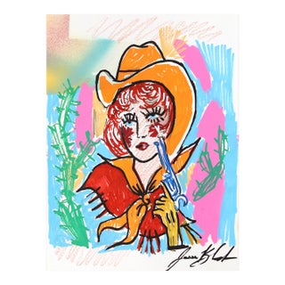 Neon Rose - Original Retro Pinup Cowgirl Acrylic Portrait on Paper For Sale