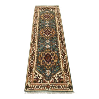 Heriz Runner 2’6” X 7’9” Blue Wool Tribal Hand-Knotted Oriental Rug For Sale