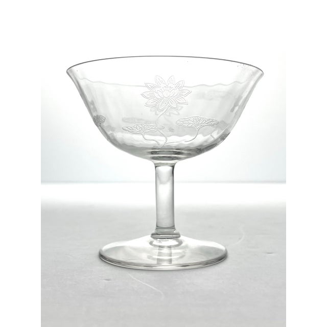 Fostoria 1910s Antique Fostoria “Lotus” 6 Etched Optic Coupe Champagne Glasses For Sale - Image 4 of 5