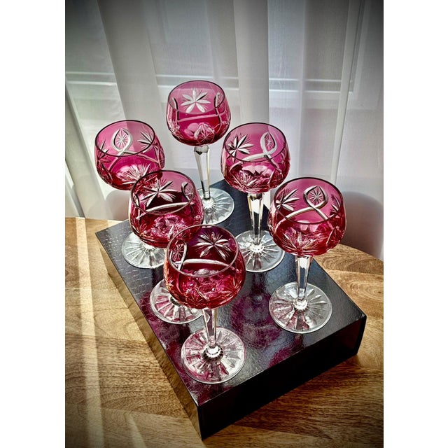 Vintage Ruby Cut-to-Clear Crystal Hock Wine Glasses, 1950, Set of 6 For Sale - Image 14 of 16