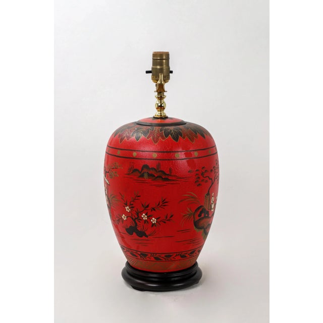 Vintage Chinoiserie Red Ginger Jar Lamp With Figured in White and Gold