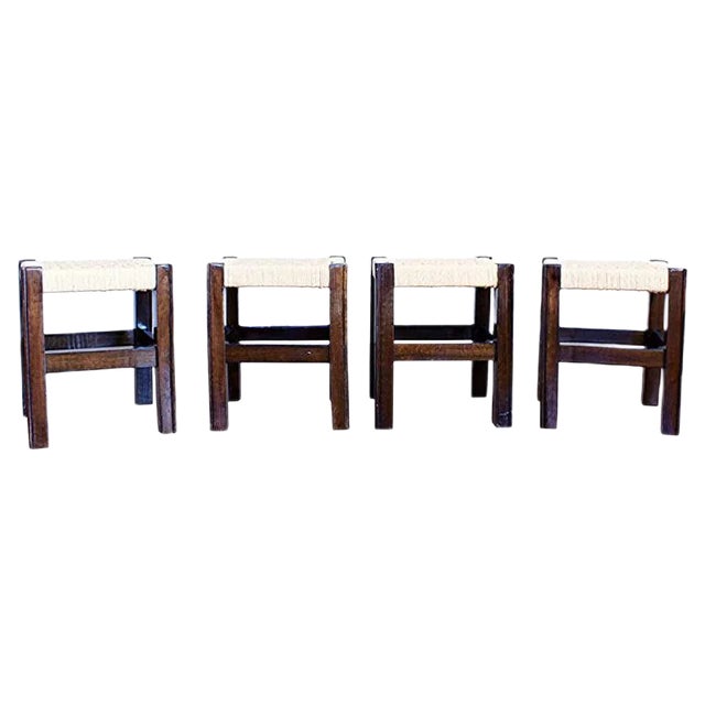 Oak and Rope Stools, 1970s, Set of 4 For Sale