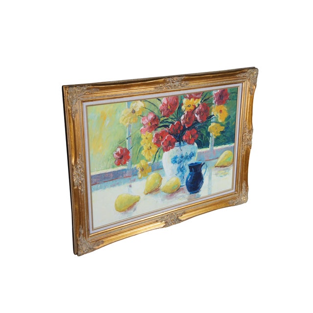 Late 20th Century Still Life oil painting featuring a porcelain vase with flowers on a sunny morning next to a windowsill....