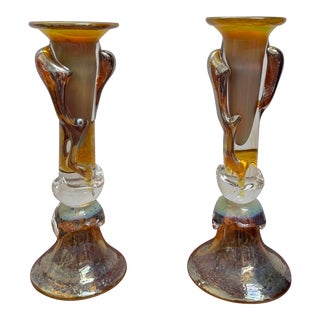 Vintage 1990s Charles Hall Art Glass Candlestick Holders - a Pair For Sale
