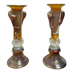 Vintage 1990s Charles Hall Art Glass Candlestick Holders - a Pair