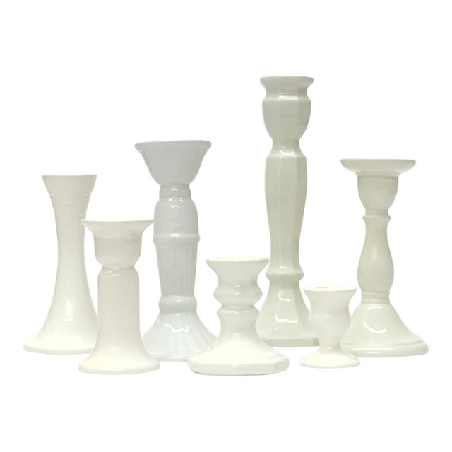 Mixed White Ceramic Candle Holder Curation - Group of 7 For Sale