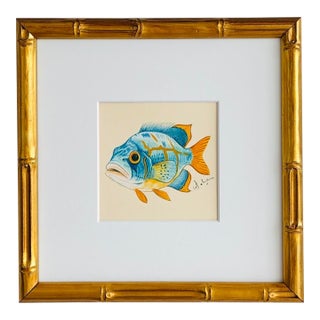 Original Hand-Painted Blue Fish Painting, Framed For Sale