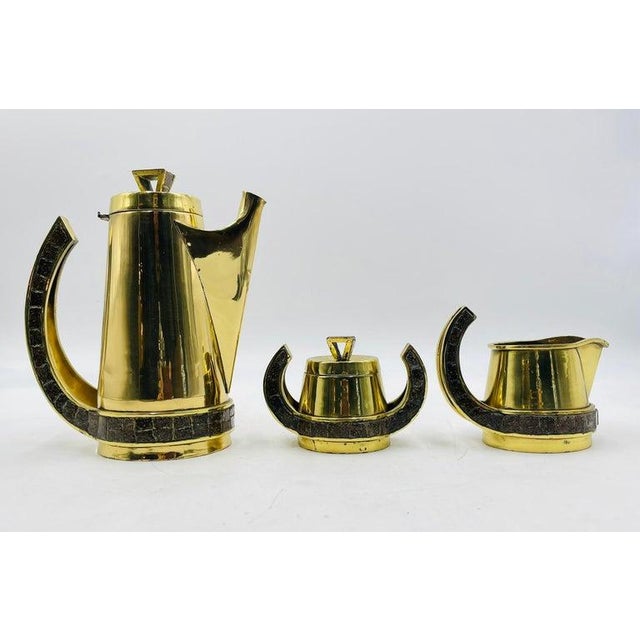 Metal 1960s Mexican Modernism Coffee Set in Solid Brass & Glass by Salvador Teran, Signed - Set of 4 For Sale - Image 7 of 18