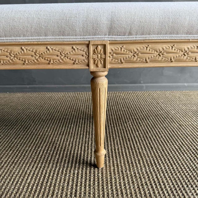 Wood White Oak Carved French Louis XVI Style Bench Upholstered in Linen With Cushion For Sale - Image 7 of 9