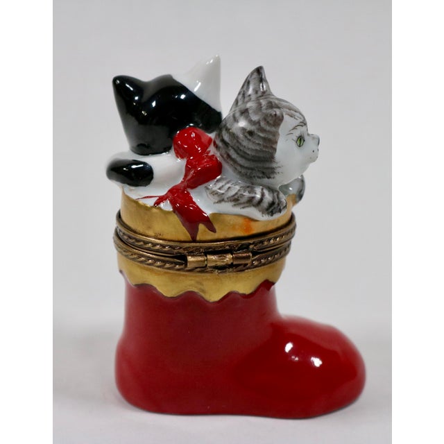Realism Late 20th Century Limoges Kittens in a Christmas Stocking Box For Sale - Image 3 of 9