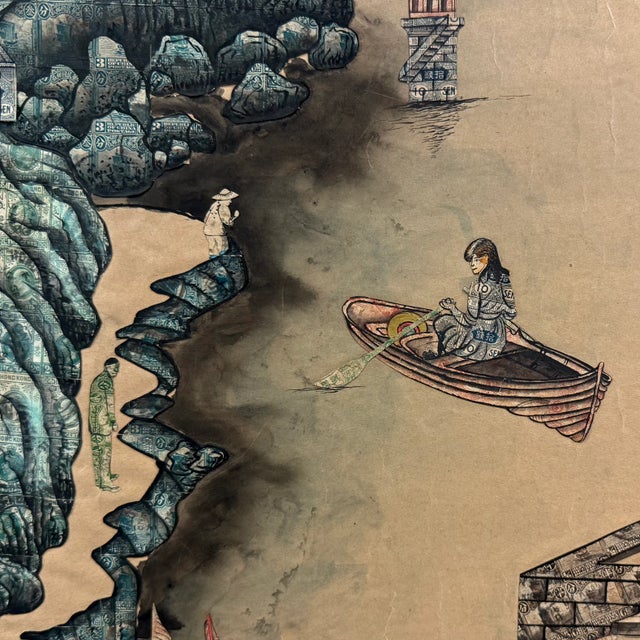 '1920's Chinese Port With Biplane Overhead', Early 20th Century Chinese School, Philately, Postage Stamp Collage For Sale - Image 12 of 16